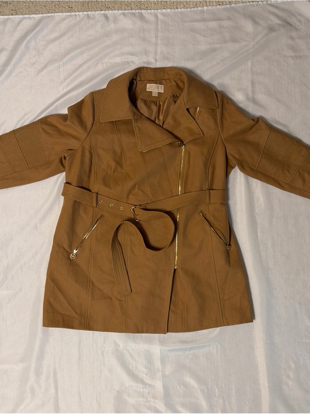MICHAEL Michael Kors Womens 2X Wool Blend Belted Coat Camel Tan Asymmetrical Zip